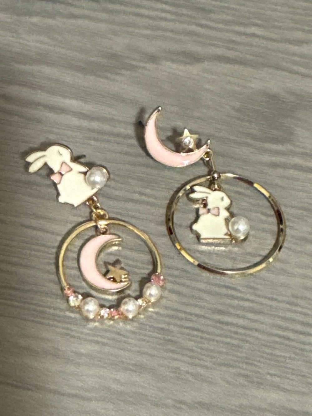 Cute Bunny Moon Dangle Earrings - Pink & White Pearls